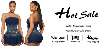 Sexy Blue Denim Strapless Skirts Shorts Women Summer Off Shoulder Jean Playsuits Rompers Streetwear Beach Club Short Jumpsuits