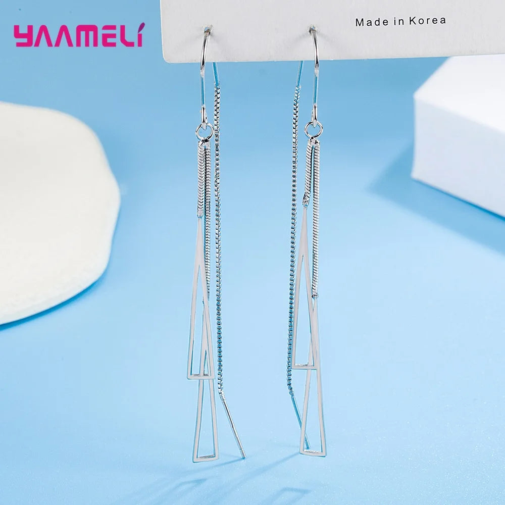 925 Sterling Silver Earrings Fashion Jewelry Simple Geometric Tassel Long Box Chain Thread Pendientes Ear Decoration Ornaments