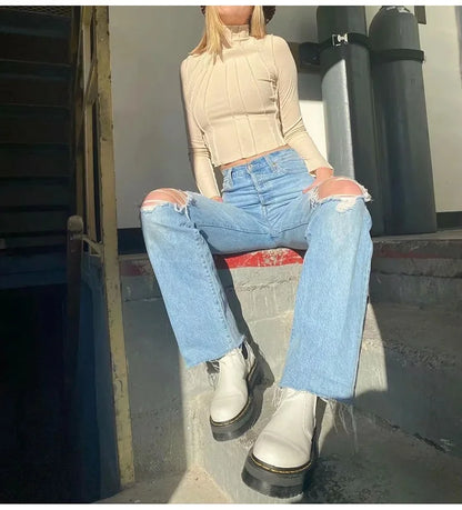MiuKoMiYa Ripped Jeans For Women 2023 Streetwear Straight Denim Pants High Waist Long Denim Trousers Women Hollow Out Jeans