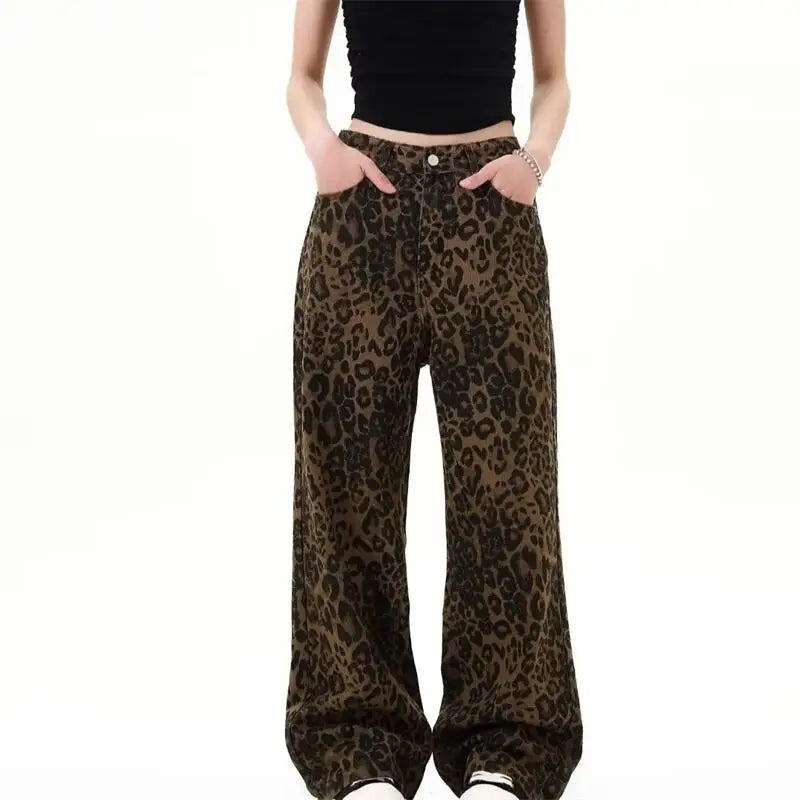 Women's leopard print jeans autumn and winter fashionable versatile loose retro casual pants straight leg wide leg pants