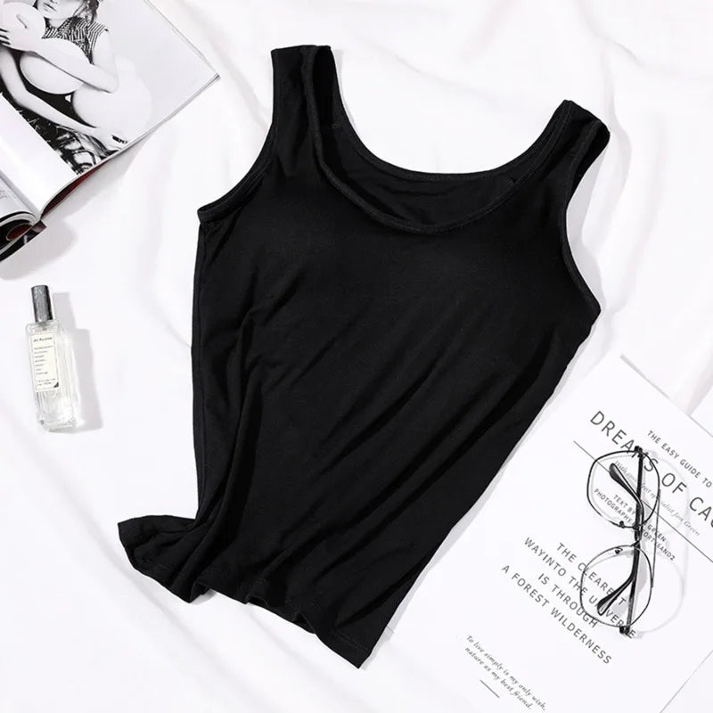 Women's Vest Tops With Built In Bra Neck Vest Padded Slim Fit Tank Tops Sexy Shirts Feminino Casual Underlay shirt slimming