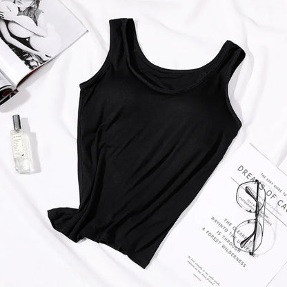 Women's Vest Tops With Built In Bra Neck Vest Padded Slim Fit Tank Tops Sexy Shirts Feminino Casual Underlay shirt slimming