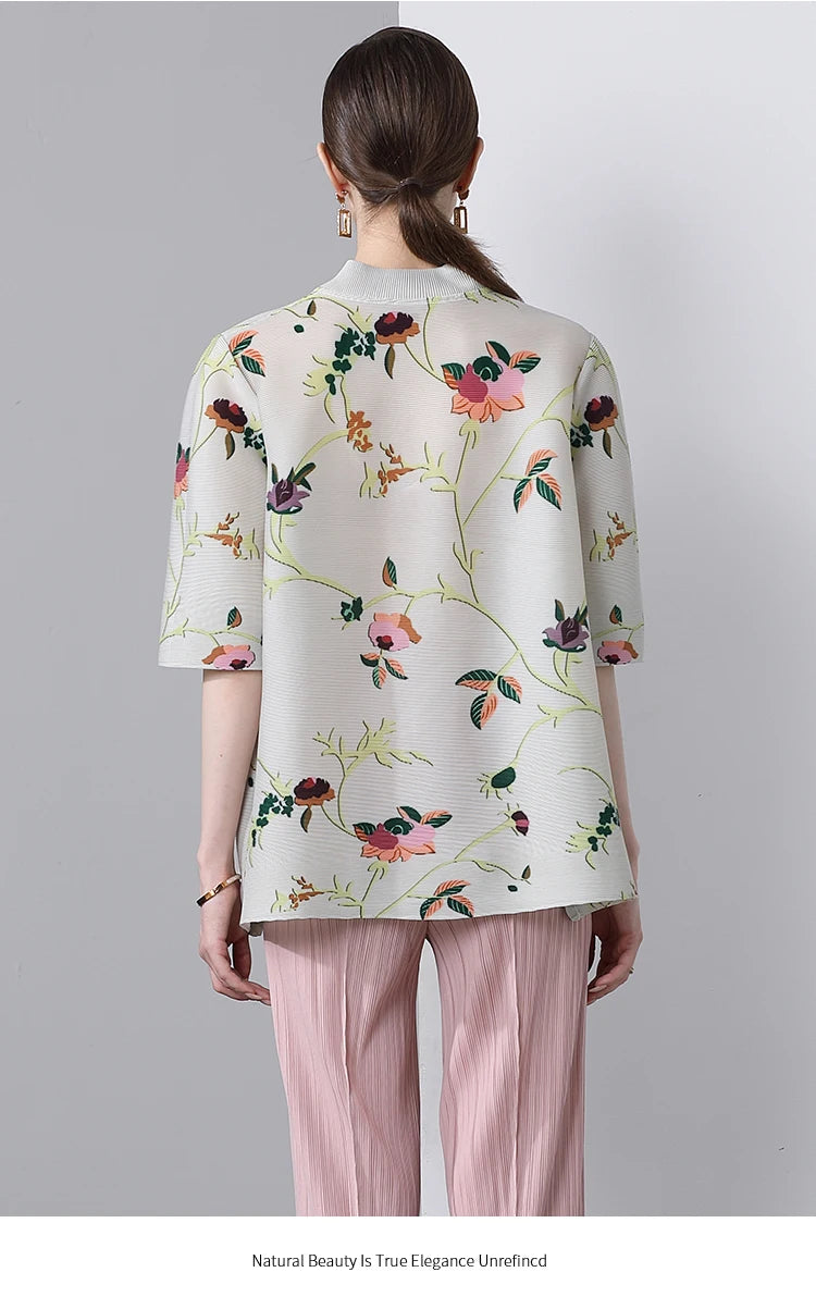 Pleated Tops for Women Summer Printed Shirts Loose Mom Wear Commuter Printed Short Sleeves Women Clothes