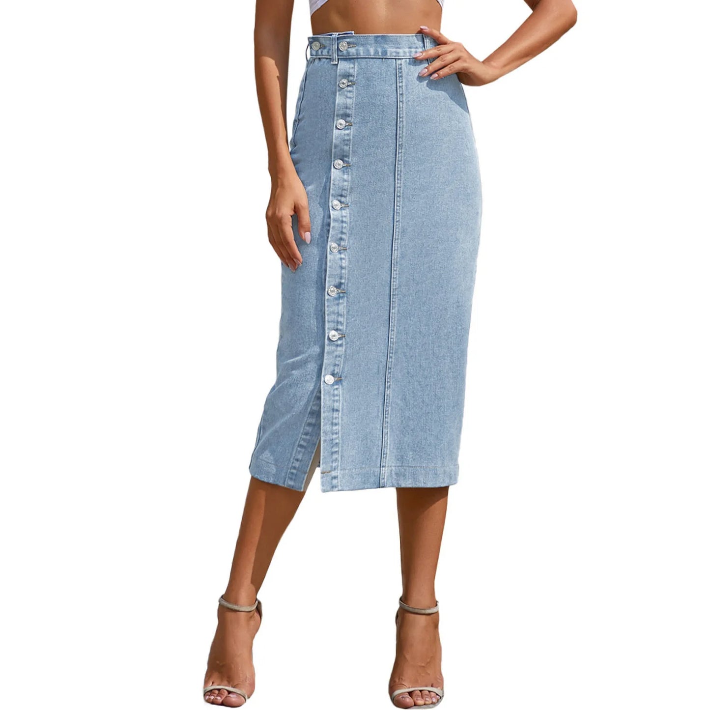 Women's Maxi Pencil Jean Skirt High Waisted A-Line Long Denim Skirts Ins Button Down Side Split Hem Stretch Blue Jean Skirt