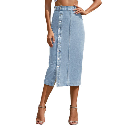Women's Maxi Pencil Jean Skirt High Waisted A-Line Long Denim Skirts Ins Button Down Side Split Hem Stretch Blue Jean Skirt
