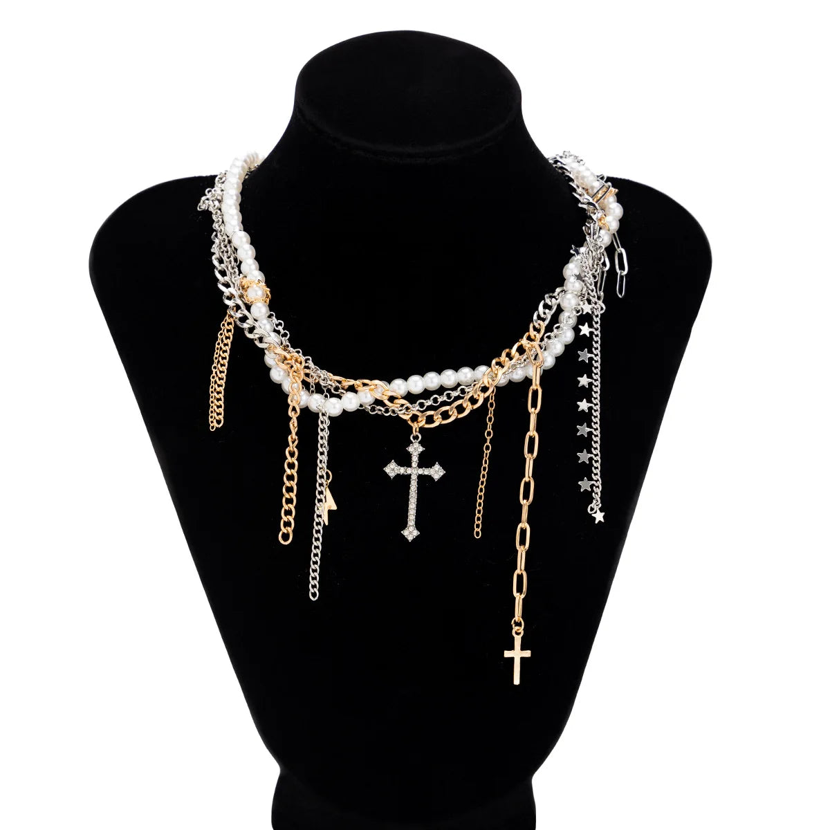 Necklaces for Women Heart-shaped Cross Imitation Pearl Tassel Long Necklace Colliers Femmes Girl Stuff