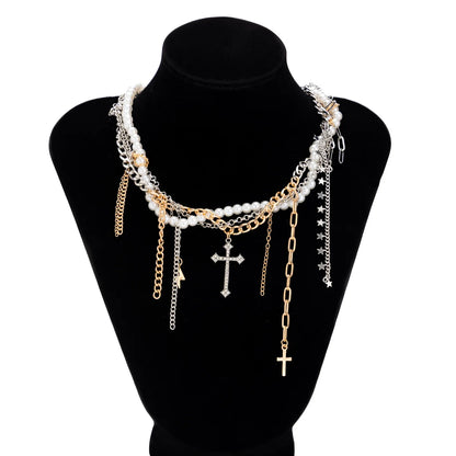 Necklaces for Women Heart-shaped Cross Imitation Pearl Tassel Long Necklace Colliers Femmes Girl Stuff