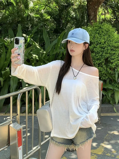 Women T-Shirts Casual Loose New Slightly Transparent O Neck Female Top Thin Sun Protection Tees Spring Summer 2025