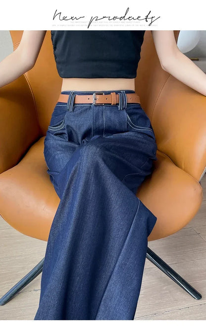 Women's Casual Basic Style Tencel Soft Ice Silk High Waisted Straight Jeans Female Commute Wide-Leg Light Blue Jeans
