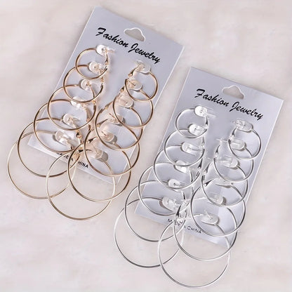 6 Pairs of Fashionable, Classic, Versatile, Personalized, Exaggerated Metal Round Women's Earring Set, Suitable for Daily Wear