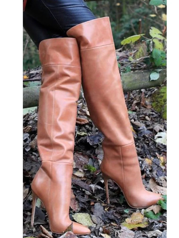 2025 New Women's Shoes Fashion Brown Over-the-knee Hollow Boots Pointed Toe Stiletto Heels Fashion Sexy Long Boots Catwalk Show