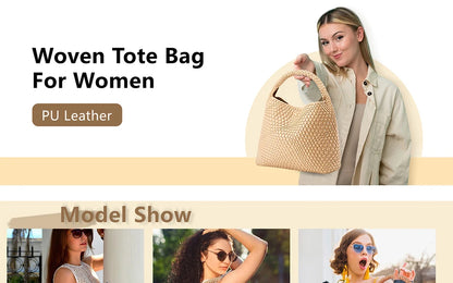 Woven Tote Bag for Women Large Woven Handbag Soft Leather Shoulder Bag Work Shopper Summer Beach Travel Tote Bag with Purse