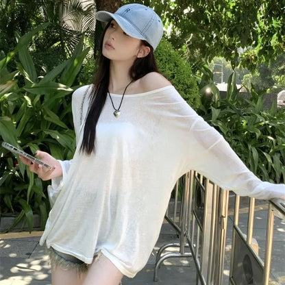 Women T-Shirts Casual Loose New Slightly Transparent O Neck Female Top Thin Sun Protection Tees Spring Summer 2025