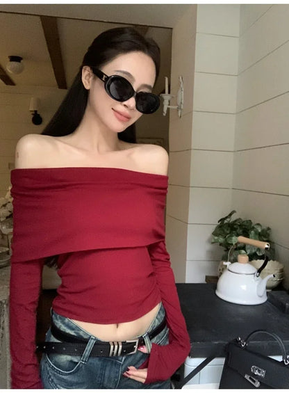 Women Sexy Tops Off Shoulder Long Sleeve Knitted T-shirt Solid Elegant Autumn Winter New Spicy Girl Slim Fit Short Red Crop Top