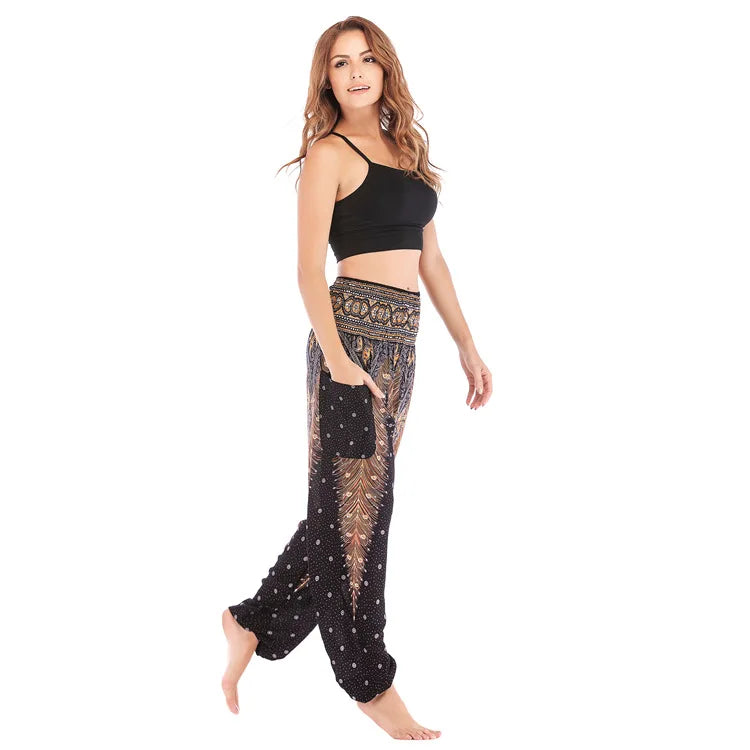 Women's Yoga Pants Printed Ethnic Style Loose Yoga Trousers Bloomers High Waist Fitness Sports Crotch Dance  Sweatpants