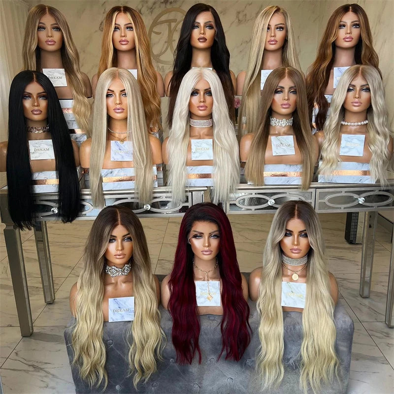 Wig female Ombre Platinum Blonde with Ash Brown Roots Natural Wig Synthetic Fibre Mixed Human Hair Wig Straight Full Wig HD Lace
