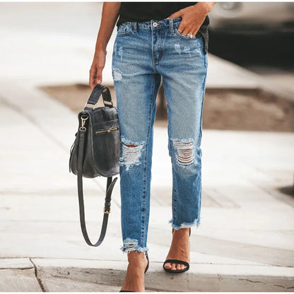 Women‘s Fashion Straight Jeans Casual High Waisted Washed Skinny Trousers Ripped Slim Pants For Lady Commuter 2025 Fashion Trend