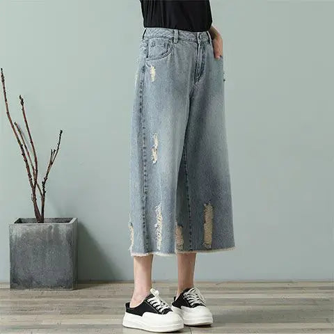 Ripped Jeans Woman Calf-Length Pants Women's Wide Legs Loose Thin Summer Retro Denim High Waist Baggy Korean Fashion Clothes New