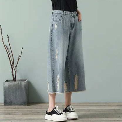 Ripped Jeans Woman Calf-Length Pants Women's Wide Legs Loose Thin Summer Retro Denim High Waist Baggy Korean Fashion Clothes New