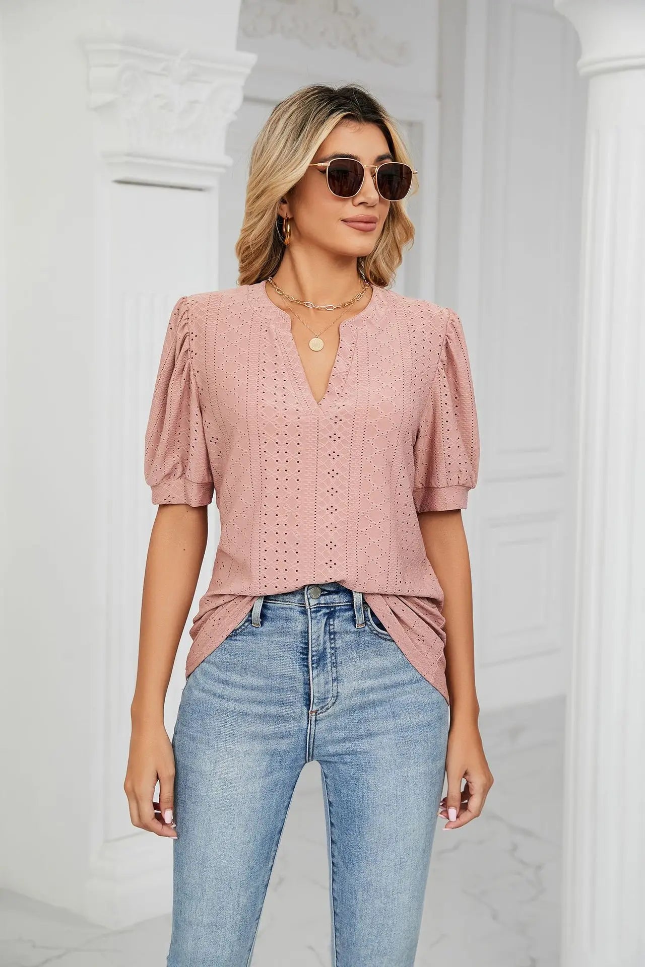 Womens Tops V Neck Ruffle Sleeve Blouses Short Sleeve Casual Tops T-Shirts for Women Autumn Winter