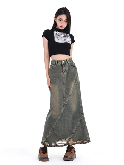Women Denim Skirt Y2k Emo 2000s Clothes Long Skirt Harajuku Korean 90s Fashion Vintage Gradient A-line Jean Skirt Grunge Clothes