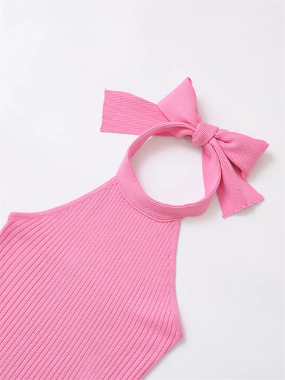 2025 Women's New Tops Summer Pink Halterneck Knitted Sleeveless Top Bow Trim Sexy Open Back Personality Fashion
