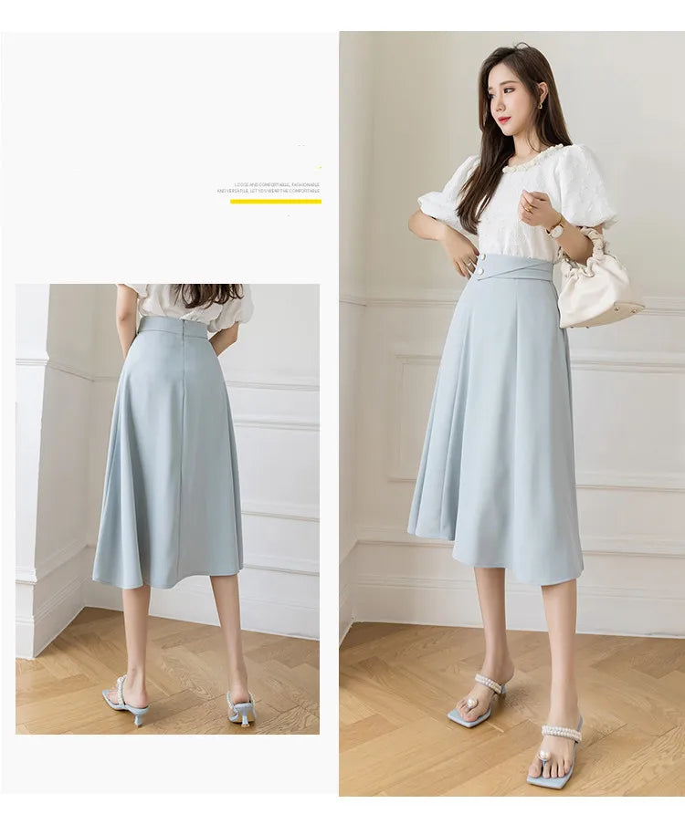 Women's Skirts High Waist Sweet Girl's Mid-calf Skirt Solid Skirts for Women Vintage Long Fashion 2023 Kawaii Summer Women Skirt