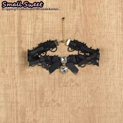 Handmade Choker Necklaces Double Pearl bow love jewelry gemstone sweet Cute Kawaii Collar Lolita Collarbone Chain Cecklace Women