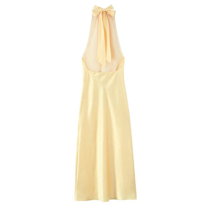 Women Elegant Satin Dress Fashion Lace Up Hanging Collar Long Dresses for Women Solid Sleeveless Midi Dress Lady Evening Dress