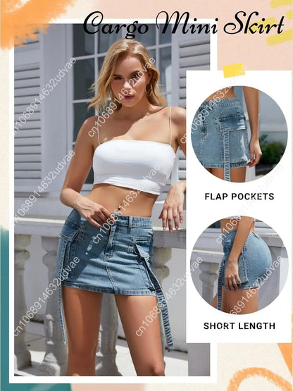 Women Cargo Skirt Denim Mini Low Waist Y2K Jean Skirts with Pockets