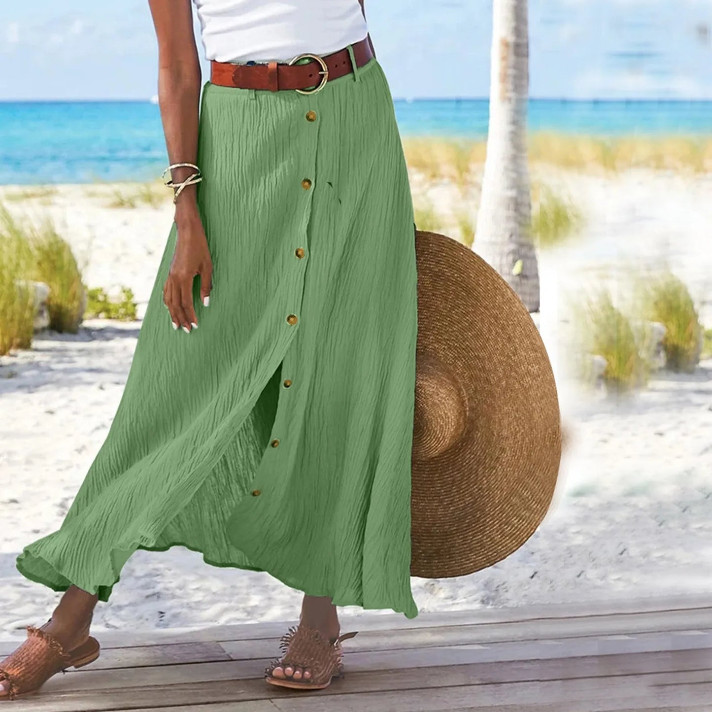 Midi Skirts For Women Bohemian Style Daily And Versatile Half Skirt Fashion Plain Color Basics High Waist Beach Button Dress