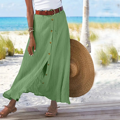 Midi Skirts For Women Bohemian Style Daily And Versatile Half Skirt Fashion Plain Color Basics High Waist Beach Button Dress