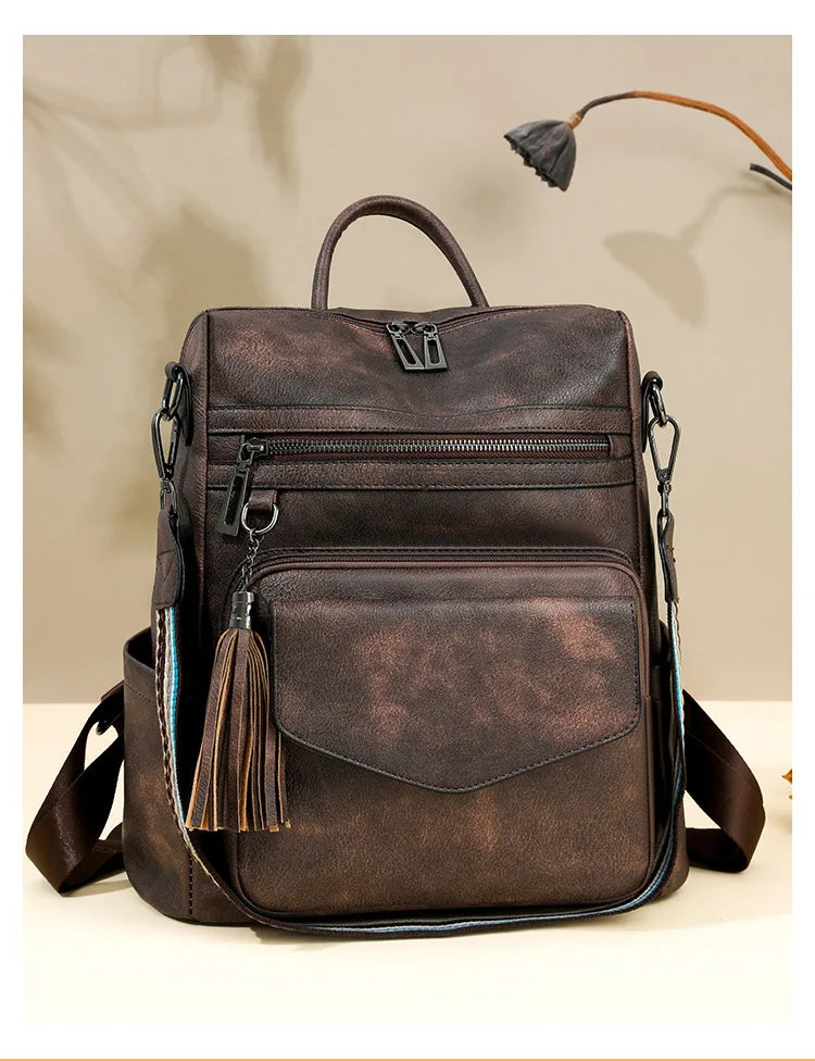 Backpack for Women Large Womens Backpack Leather Travel Fashion Purse Designer Ladies Shoulder Bags with Tassel Two-toned Brown