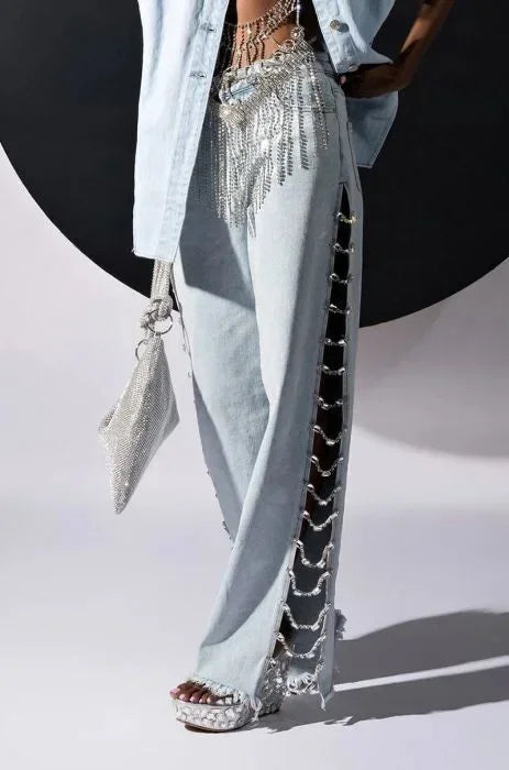 Women Denim Long Jeans with Drill Chains Straight Wide-leg Jeans High Waist Ripped Jeans for Women Summer Thin Side Slit Pants