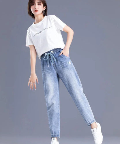 Womens Jeans Pants For Women With Pockets Blue Trousers High Waist Shot 2000s Y2k Wide Leg Xxl 90s Trend Unique Japanese Shiny
