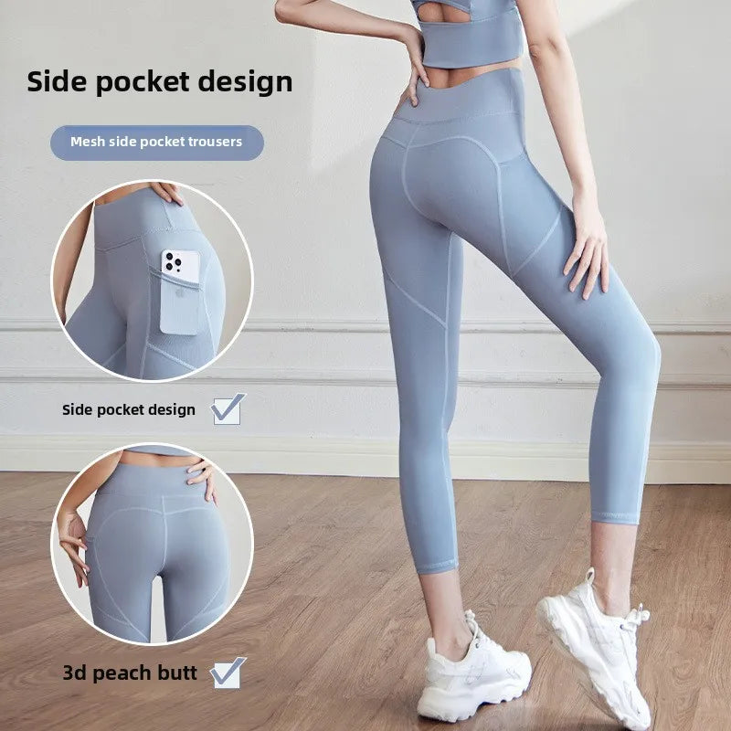 Yoga Pants Women High Waist Lift Hip Mesh Side Pocket Stretch Sports Leggings Running Yoga Clothing Fitness Pants