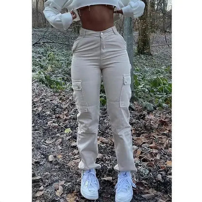 Women High Waist High Elastic Solid Jeans 2023 New Autumn Jeans Women Workwear with Pocket Denim Straight-Leg Pants Cargo Pants