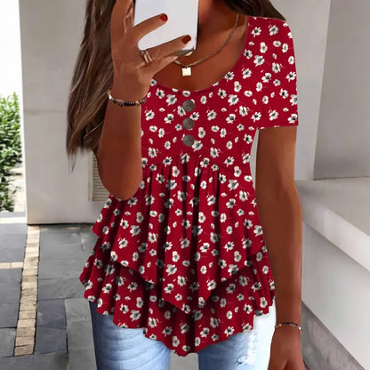 Women Summer Tops Tees Sexy Vintage Blouse Cotton Ruffles Short Sleeve Shirt Ruffles T Shirts Loose Casual Tees