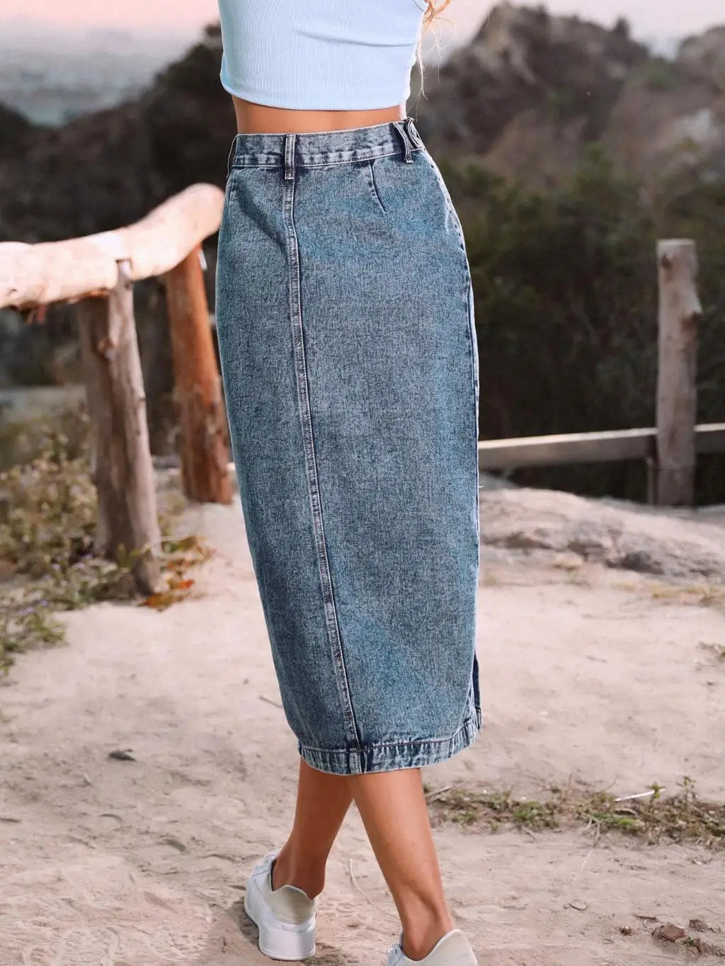 Women's Maxi Pencil Jean Skirt High Waisted A-Line Long Denim Skirts Ins Button Down Side Split Hem Stretch Blue Jean Skirt