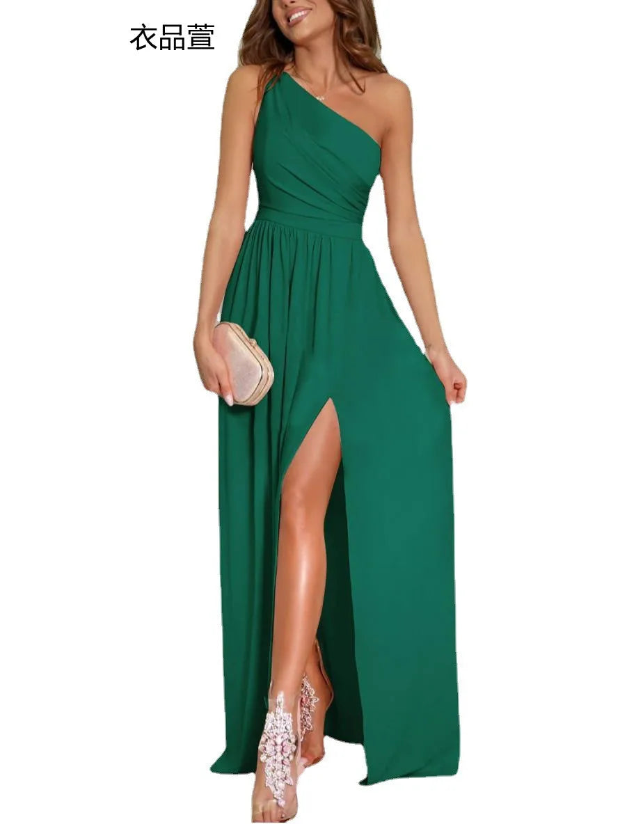 Women Elegant Luxury Dress Evening Party Prom Wedding Club Graduation Backless Sleeveless One Shoulder Maxi Dresses Sexy Vestido