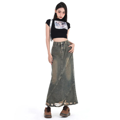 Women Denim Skirt Y2k Emo 2000s Clothes Long Skirt Harajuku Korean 90s Fashion Vintage Gradient A-line Jean Skirt Grunge Clothes
