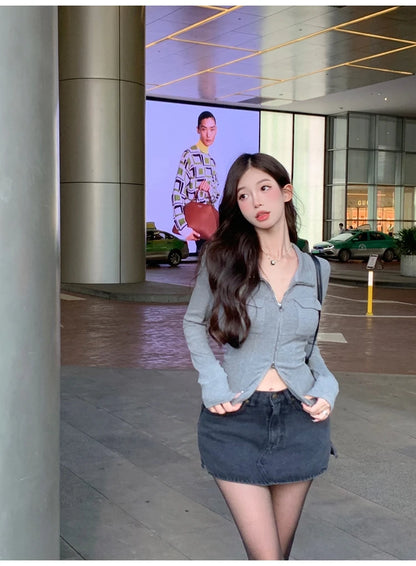 Women T-shirt Spring Autumn Clothes Ribbed Knitted Long Sleeve Short Tops Zipper Design Tee Sexy Female Slim Tops