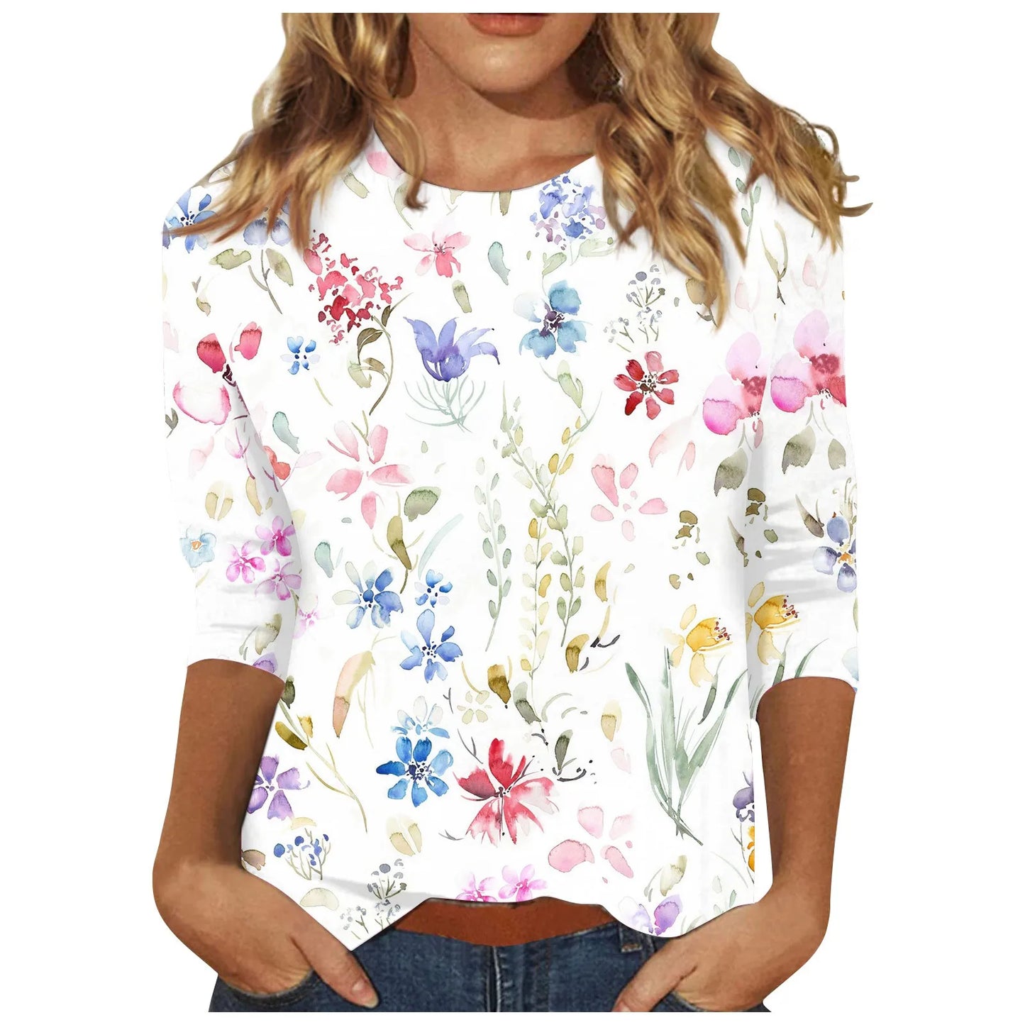 2024 Women Summer Tops Comfortable T Shirt Fashion Flower Print Round Neck 3/4 Sleeve Tops Soft Versatile Pullover Ropa De Mujer