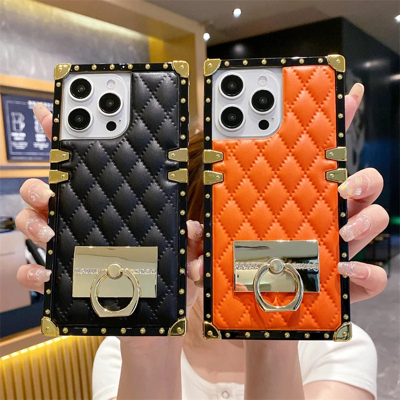 Elegant PU Leather Phone Case For iPhone 16 Pro Max Luxury Square Cases For iPhone 15 14 11 Pro 12 13 Mini XR X Max Back Cover