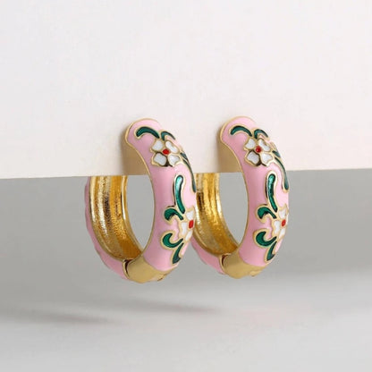 New Fashionable Colorful Round Earrings Retro Metal Enamel Floral Ear Accessories Unique Party Jewelry Gift for Women