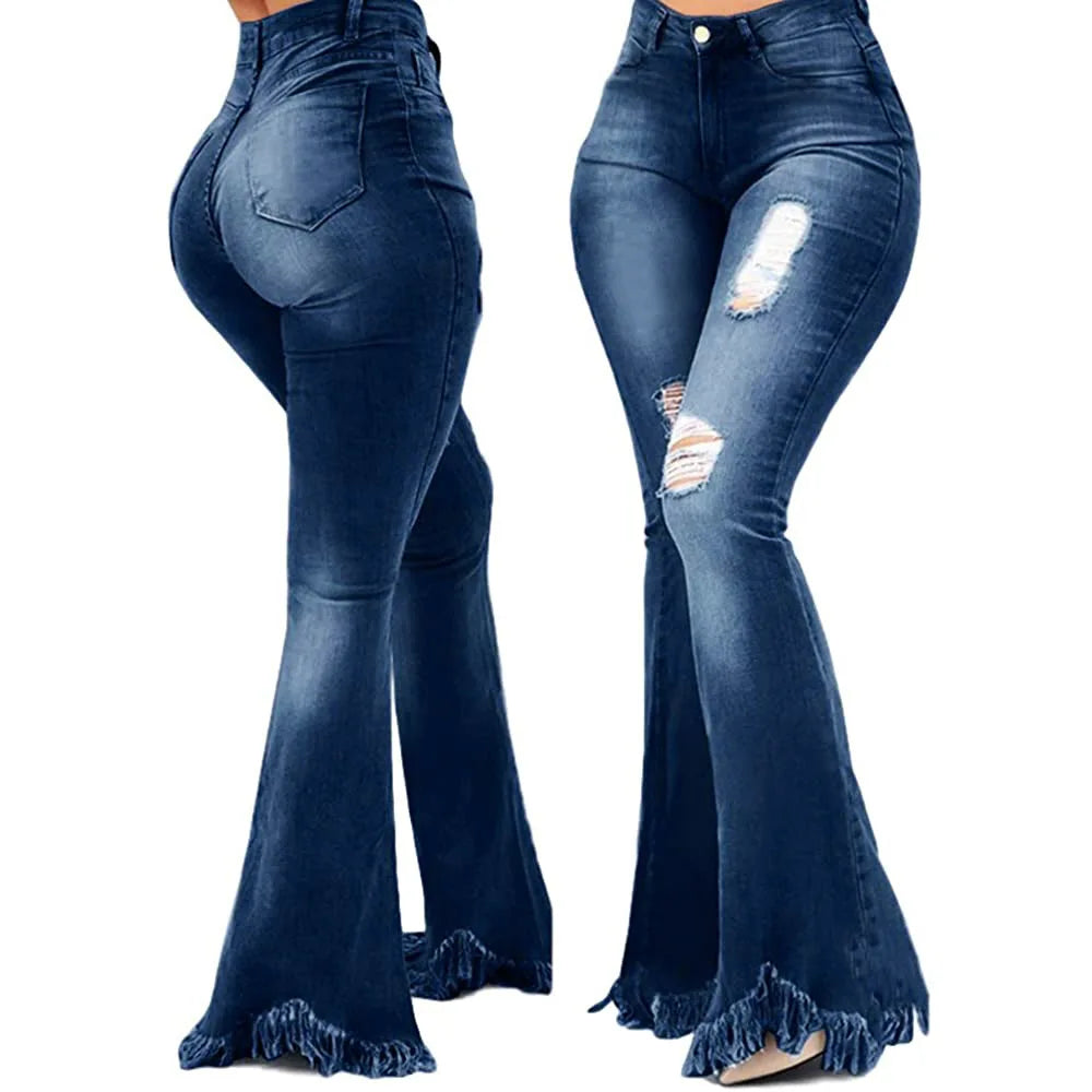 Jeans Women Long Pants Flare Pant Slim Fit Bodycon Y2k Streetwear Casual Elegant Splice Denim Trousers Solid Hole High Waist