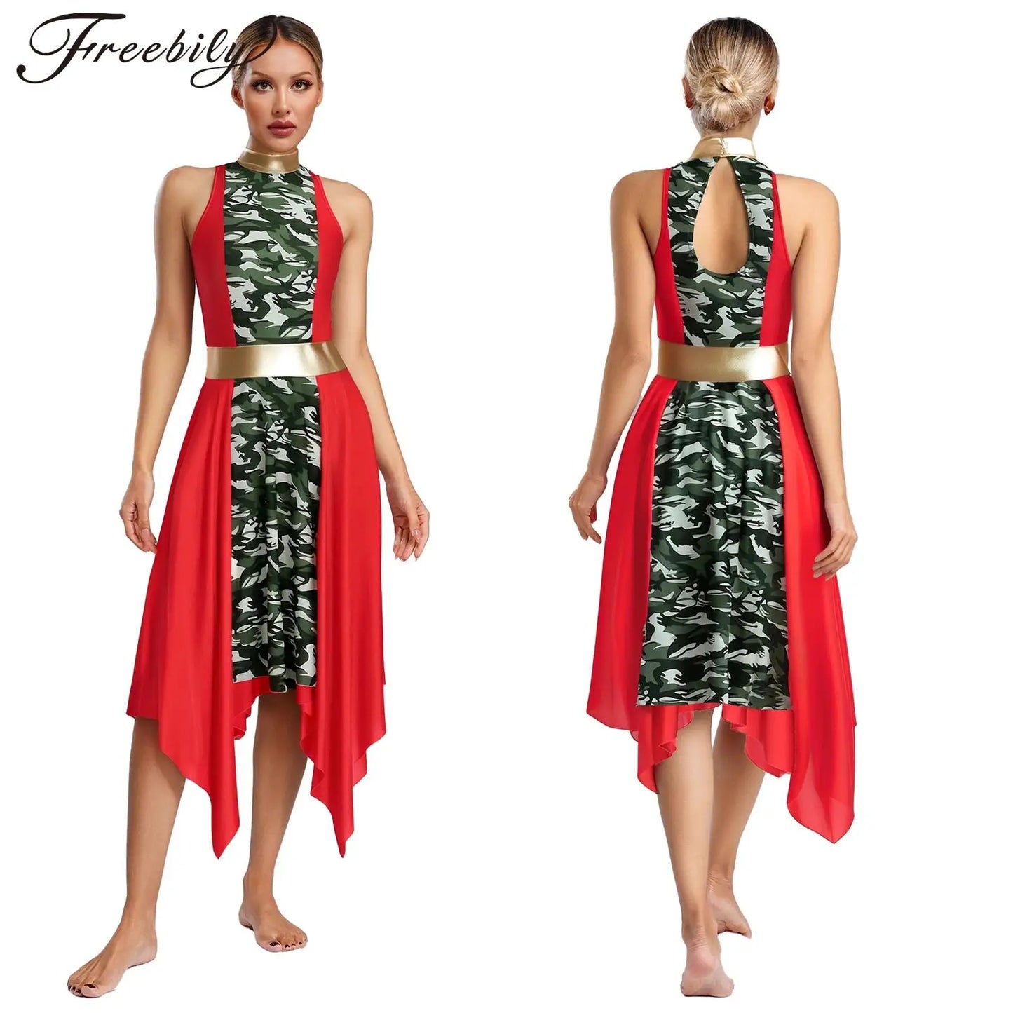 Women Modern Lyrical Dance Dress Church Choir Worship Praise Liturgical Costume Sleeveless Print Irregular Hem Gown Dancewear