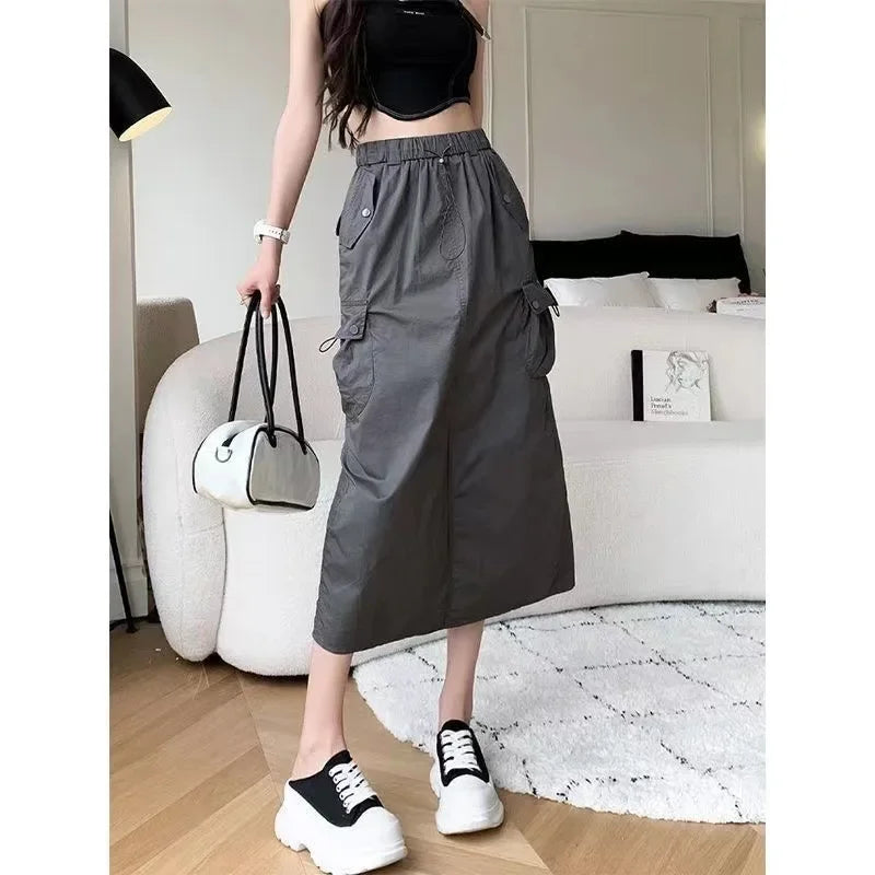 Skirts for Women Spring Summer Drawstring Workwear Half-body Skirt Split Mid-length Skirt Pure Color Package Hip One-Step Skirt