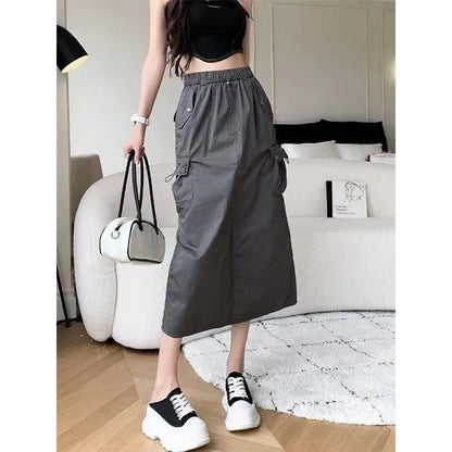 Skirts for Women Spring Summer Drawstring Workwear Half-body Skirt Split Mid-length Skirt Pure Color Package Hip One-Step Skirt