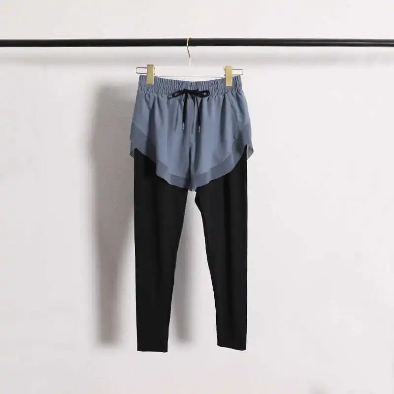 Stretch Autumn Sports Pants Women Two Pieces Fitness Yoga Pants and Shorts With Inner Phone Pocket 2 in 1 Yoga Pants